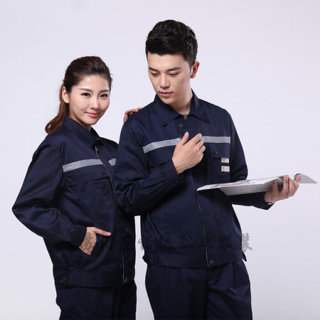 藏青拼米色涤棉线卡保洁物业工作服AC090-FC
